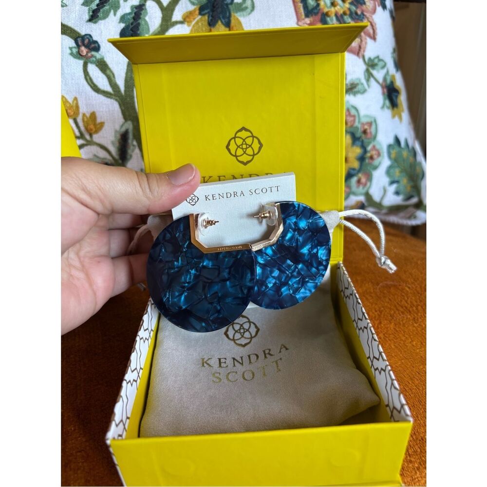 Kendra Scott Kai Hoop Earrings Blue Acetate | Gold Tone Statement Hoops